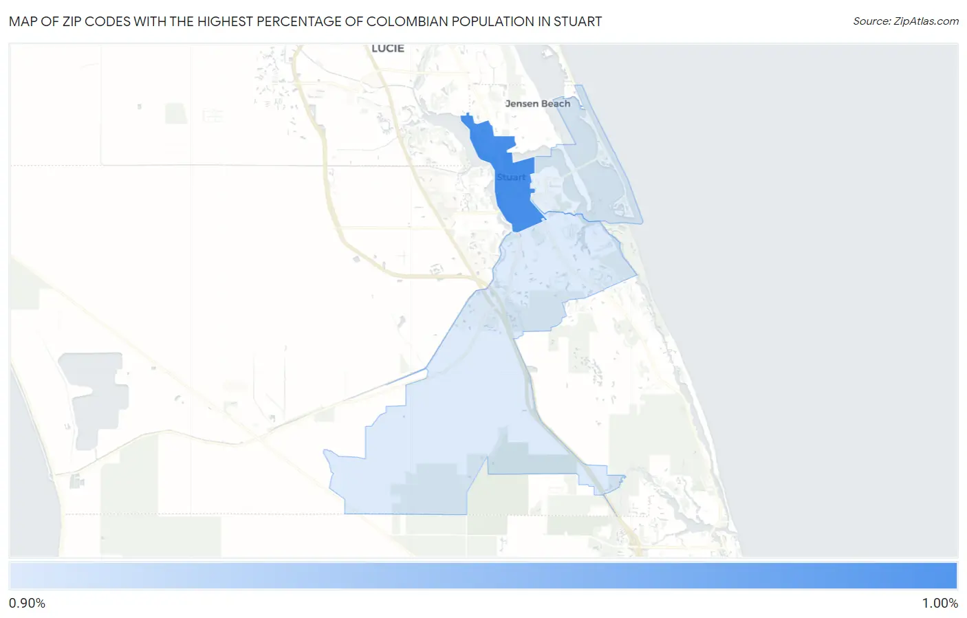 Zip Codes with the Highest Percentage of Colombian Population in Stuart Map