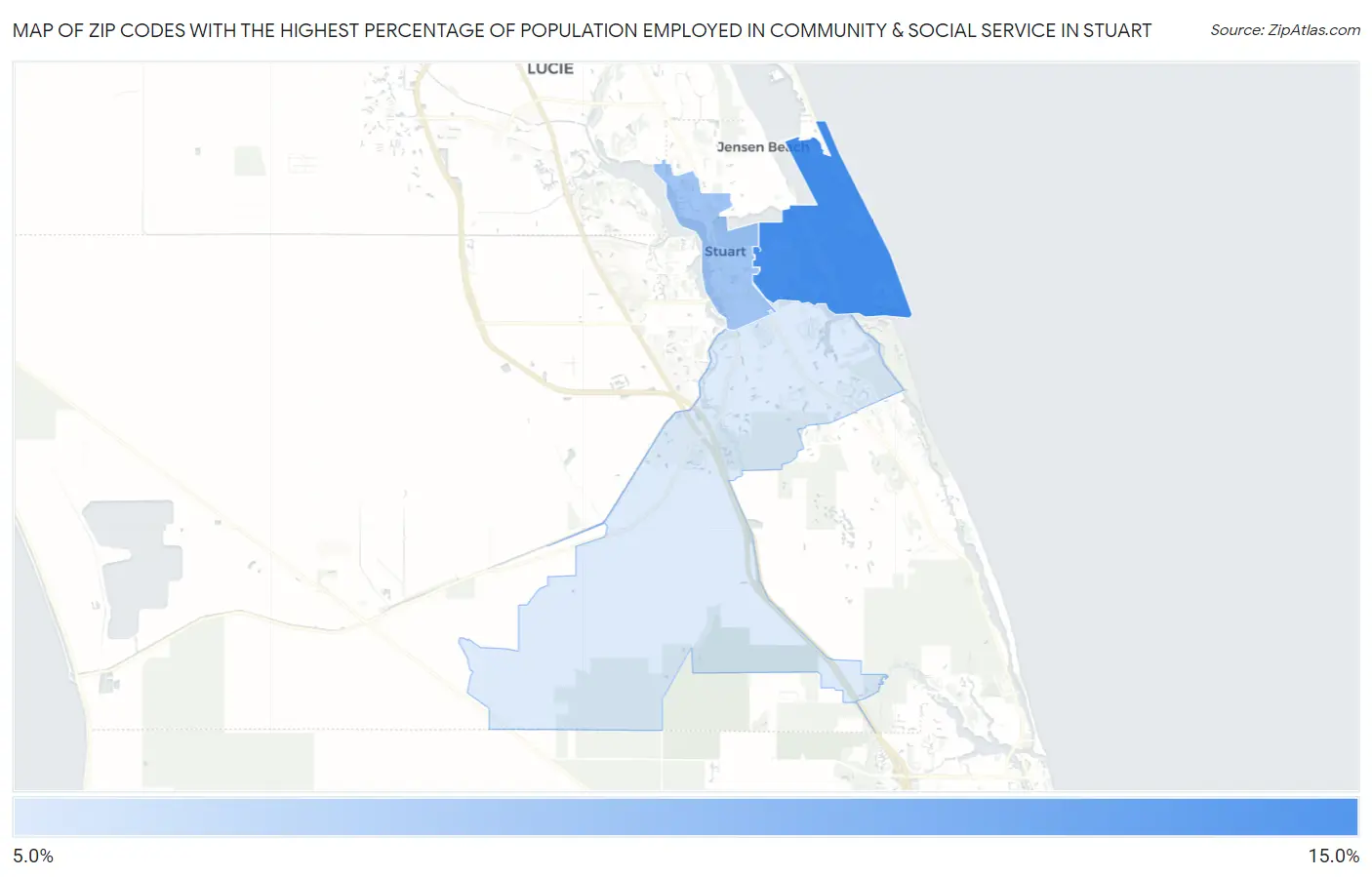 Zip Codes with the Highest Percentage of Population Employed in Community & Social Service  in Stuart Map