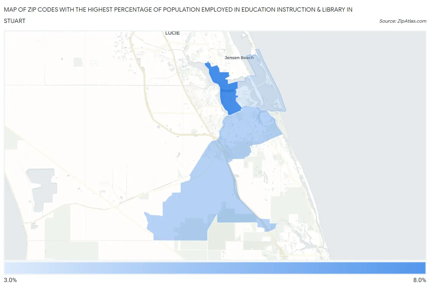 Zip Codes with the Highest Percentage of Population Employed in Education Instruction & Library in Stuart Map