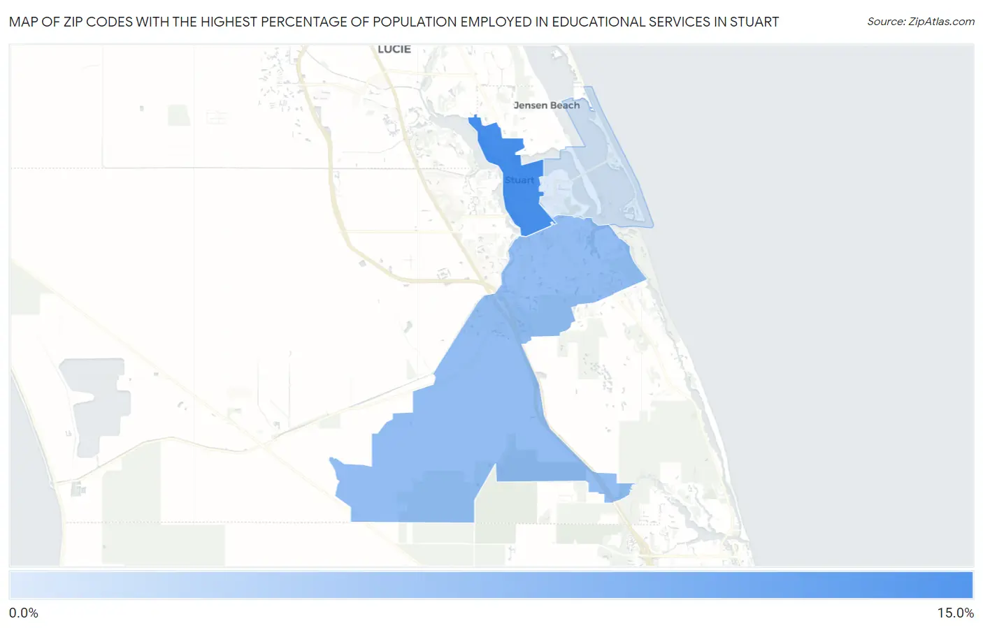 Zip Codes with the Highest Percentage of Population Employed in Educational Services in Stuart Map
