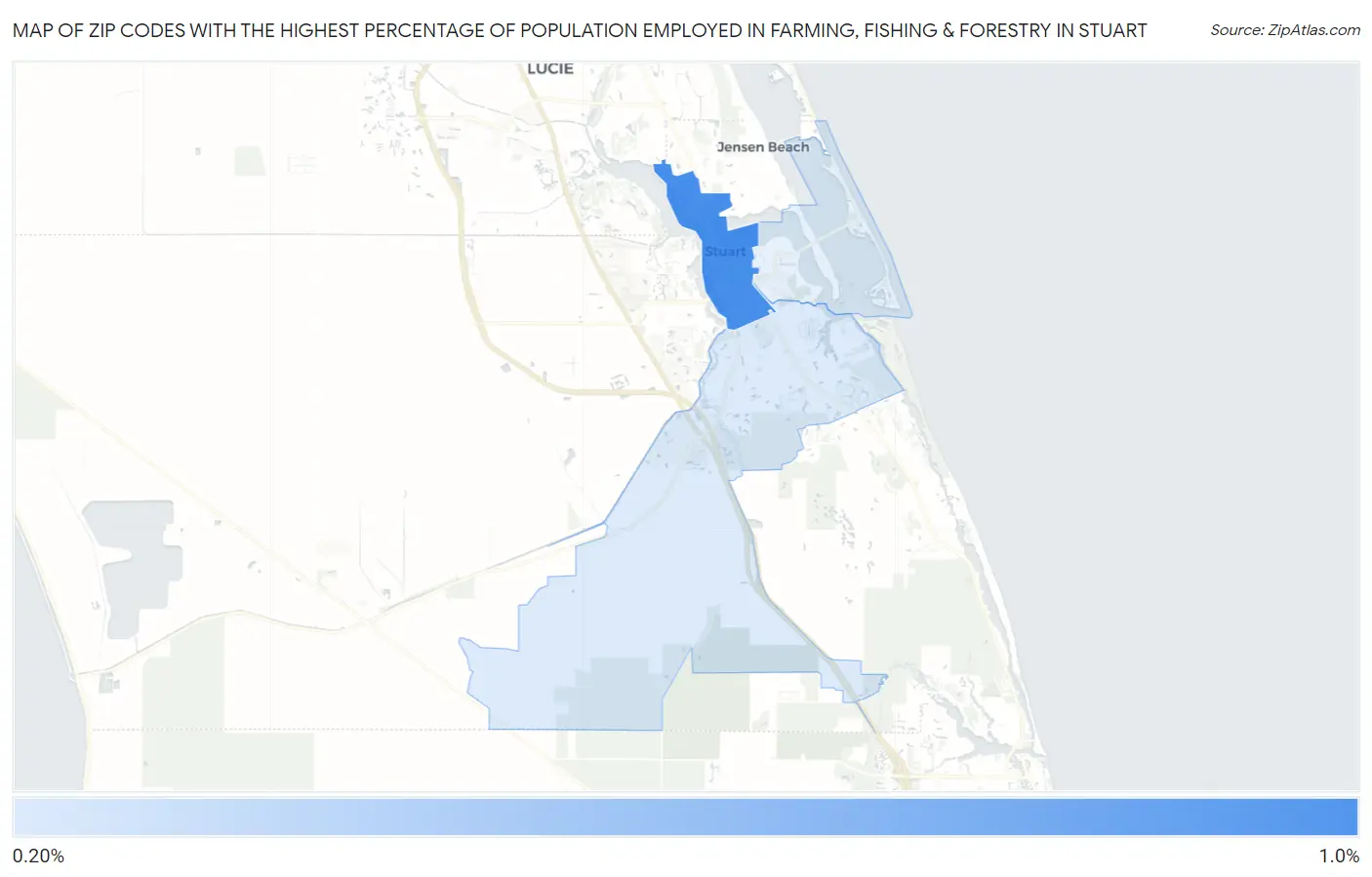 Zip Codes with the Highest Percentage of Population Employed in Farming, Fishing & Forestry in Stuart Map