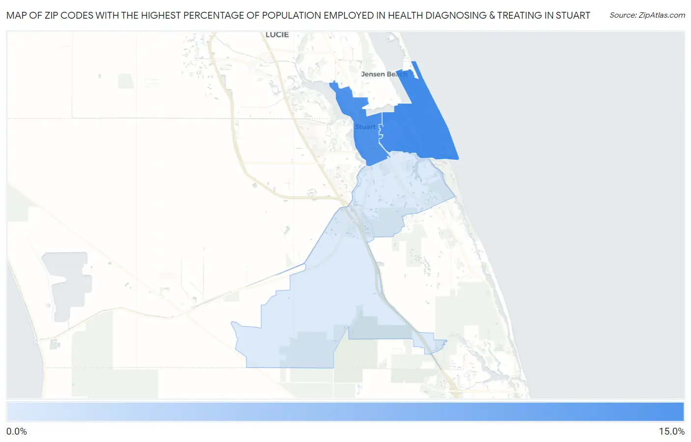 Zip Codes with the Highest Percentage of Population Employed in Health Diagnosing & Treating in Stuart Map