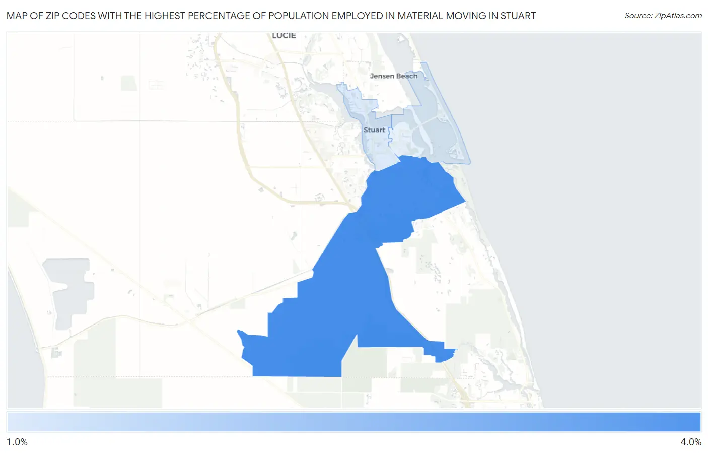 Zip Codes with the Highest Percentage of Population Employed in Material Moving in Stuart Map