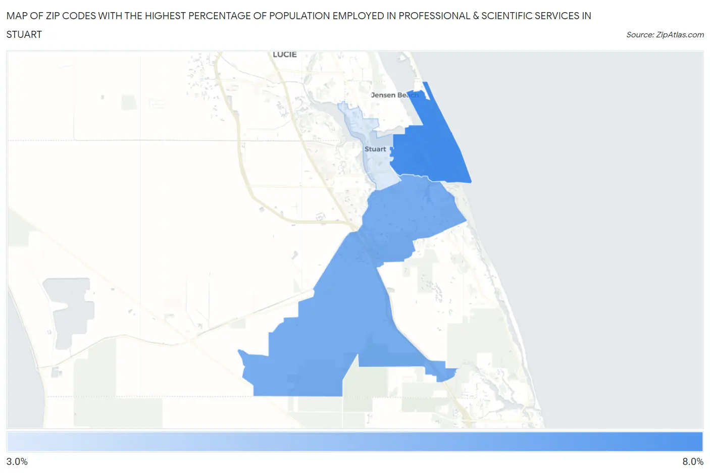 Zip Codes with the Highest Percentage of Population Employed in Professional & Scientific Services in Stuart Map