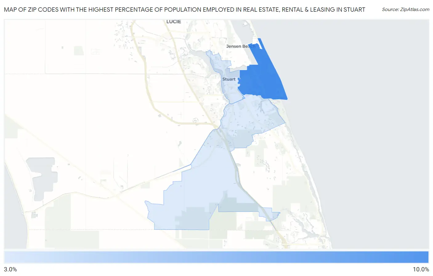 Zip Codes with the Highest Percentage of Population Employed in Real Estate, Rental & Leasing in Stuart Map