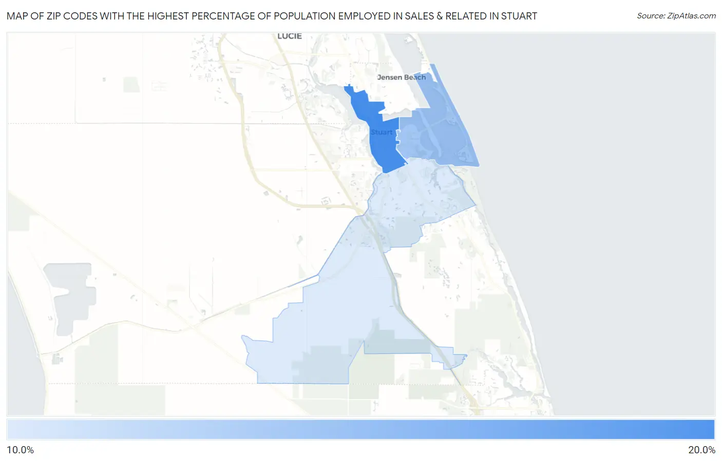 Zip Codes with the Highest Percentage of Population Employed in Sales & Related in Stuart Map
