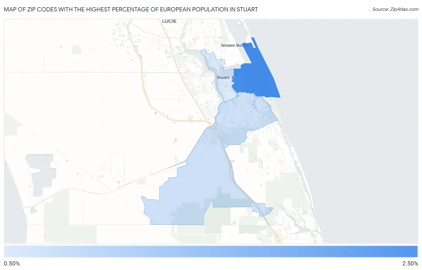 Zip Codes with the Highest Percentage of European Population in Stuart Map