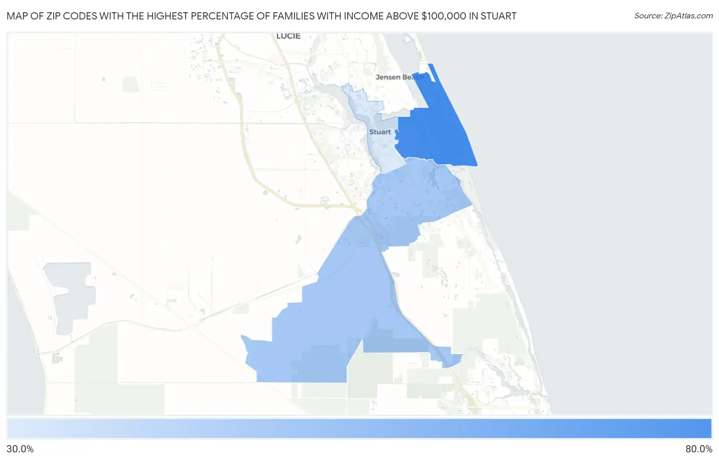 Zip Codes with the Highest Percentage of Families with Income Above $100,000 in Stuart Map
