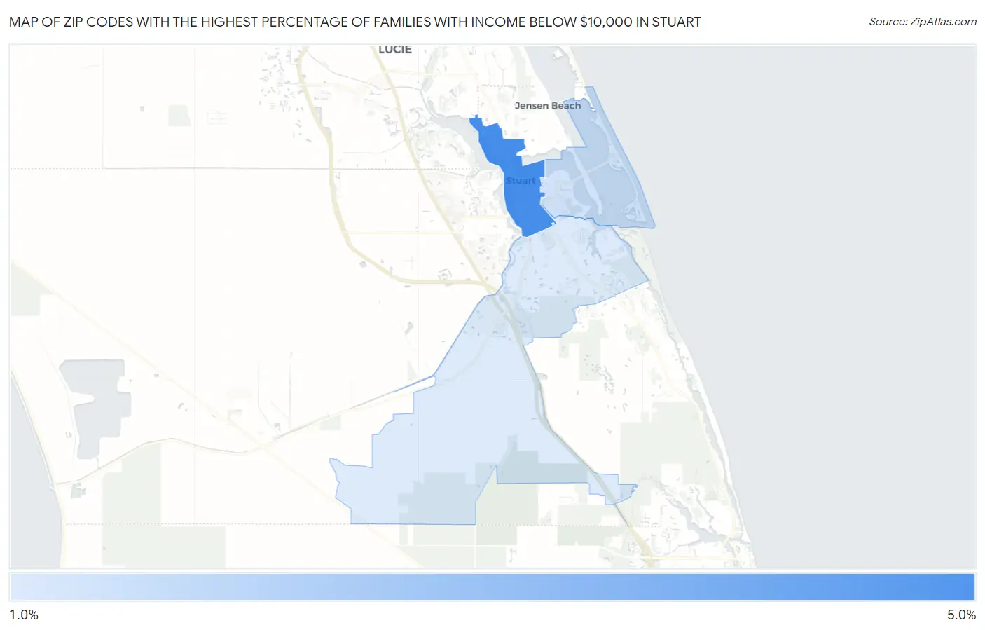 Zip Codes with the Highest Percentage of Families with Income Below $10,000 in Stuart Map