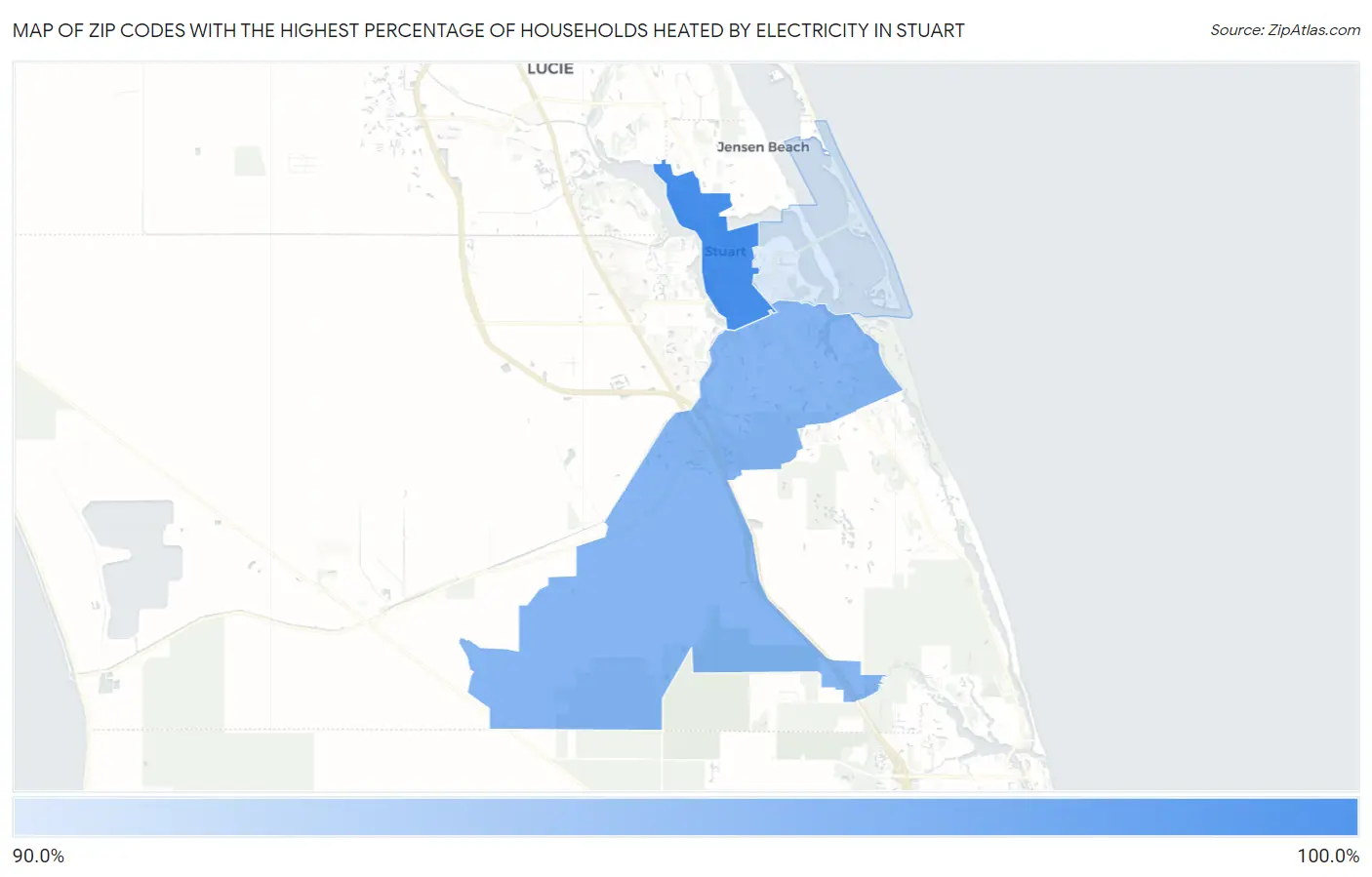 Zip Codes with the Highest Percentage of Households Heated by Electricity in Stuart Map