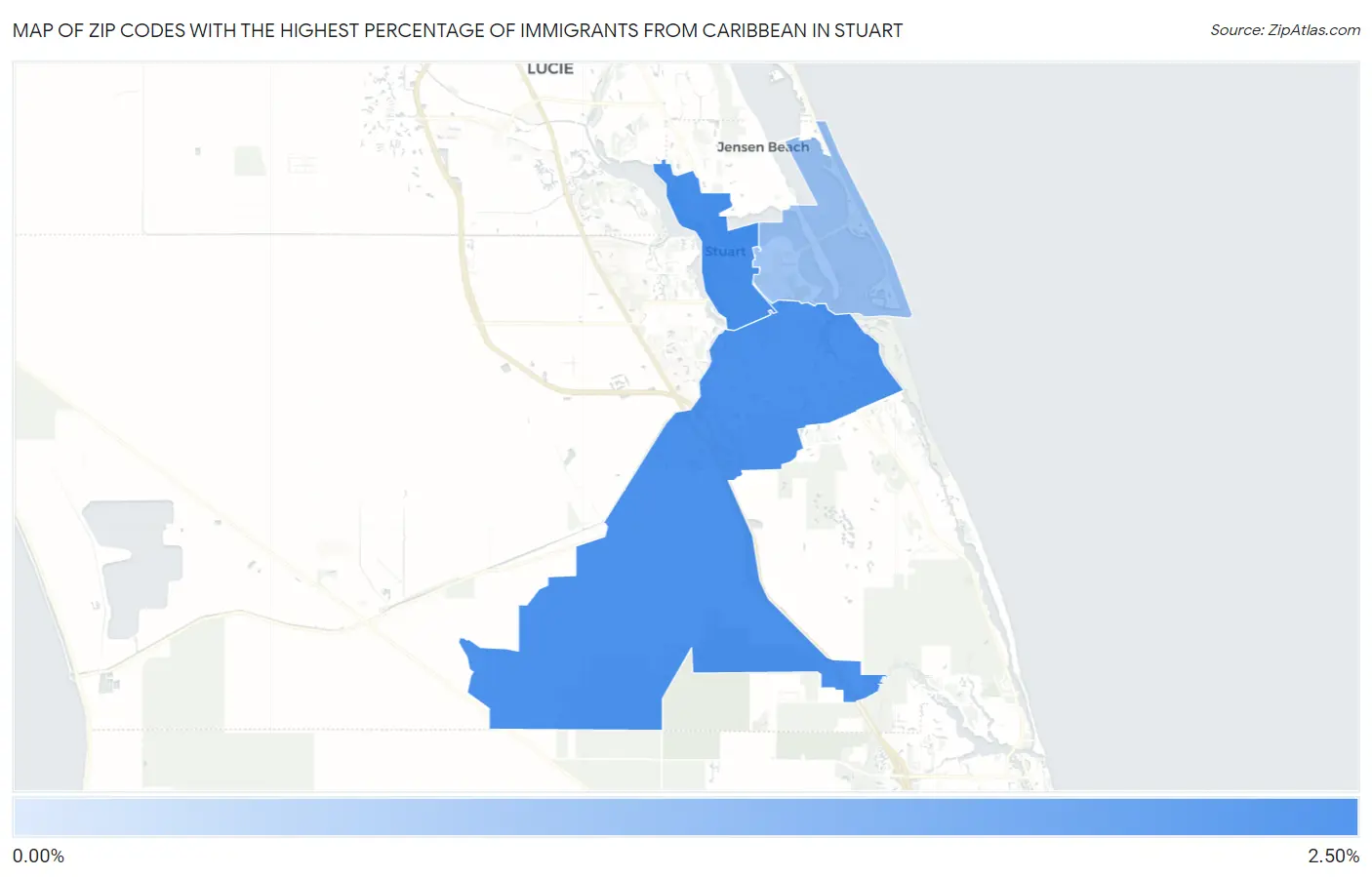 Zip Codes with the Highest Percentage of Immigrants from Caribbean in Stuart Map
