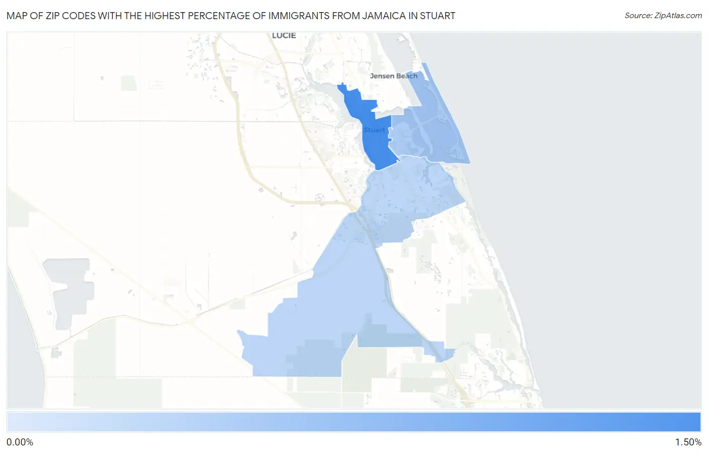 Zip Codes with the Highest Percentage of Immigrants from Jamaica in Stuart Map