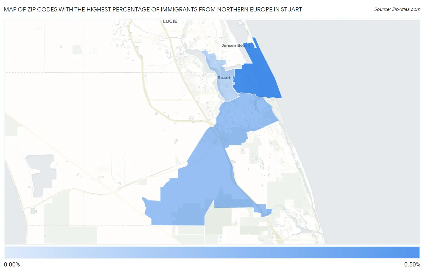Zip Codes with the Highest Percentage of Immigrants from Northern Europe in Stuart Map