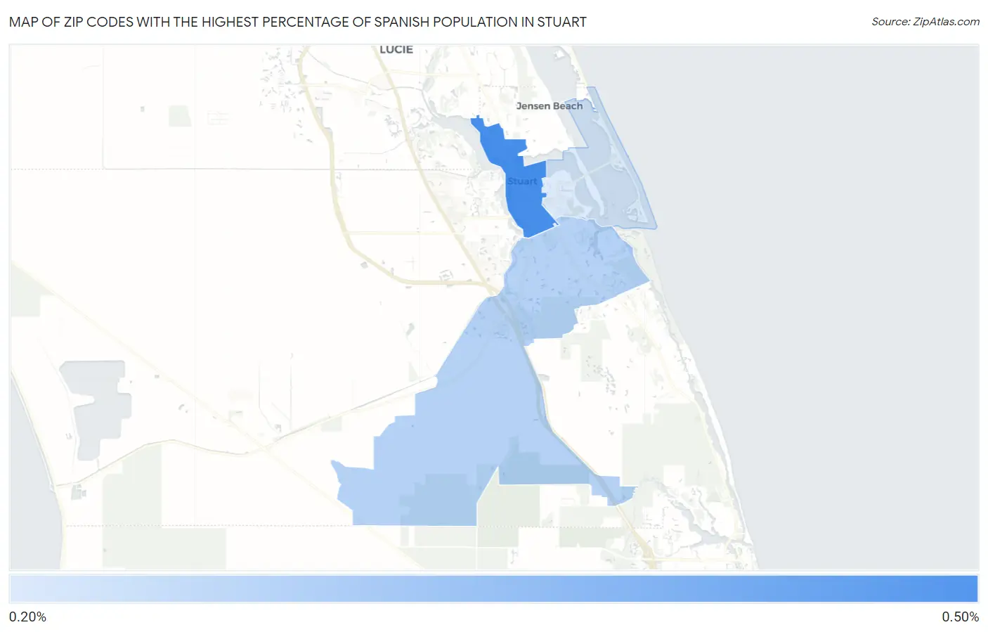 Zip Codes with the Highest Percentage of Spanish Population in Stuart Map