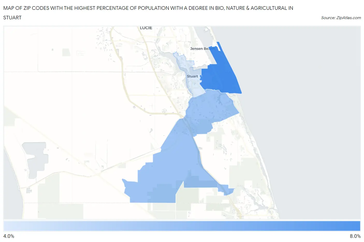 Zip Codes with the Highest Percentage of Population with a Degree in Bio, Nature & Agricultural in Stuart Map