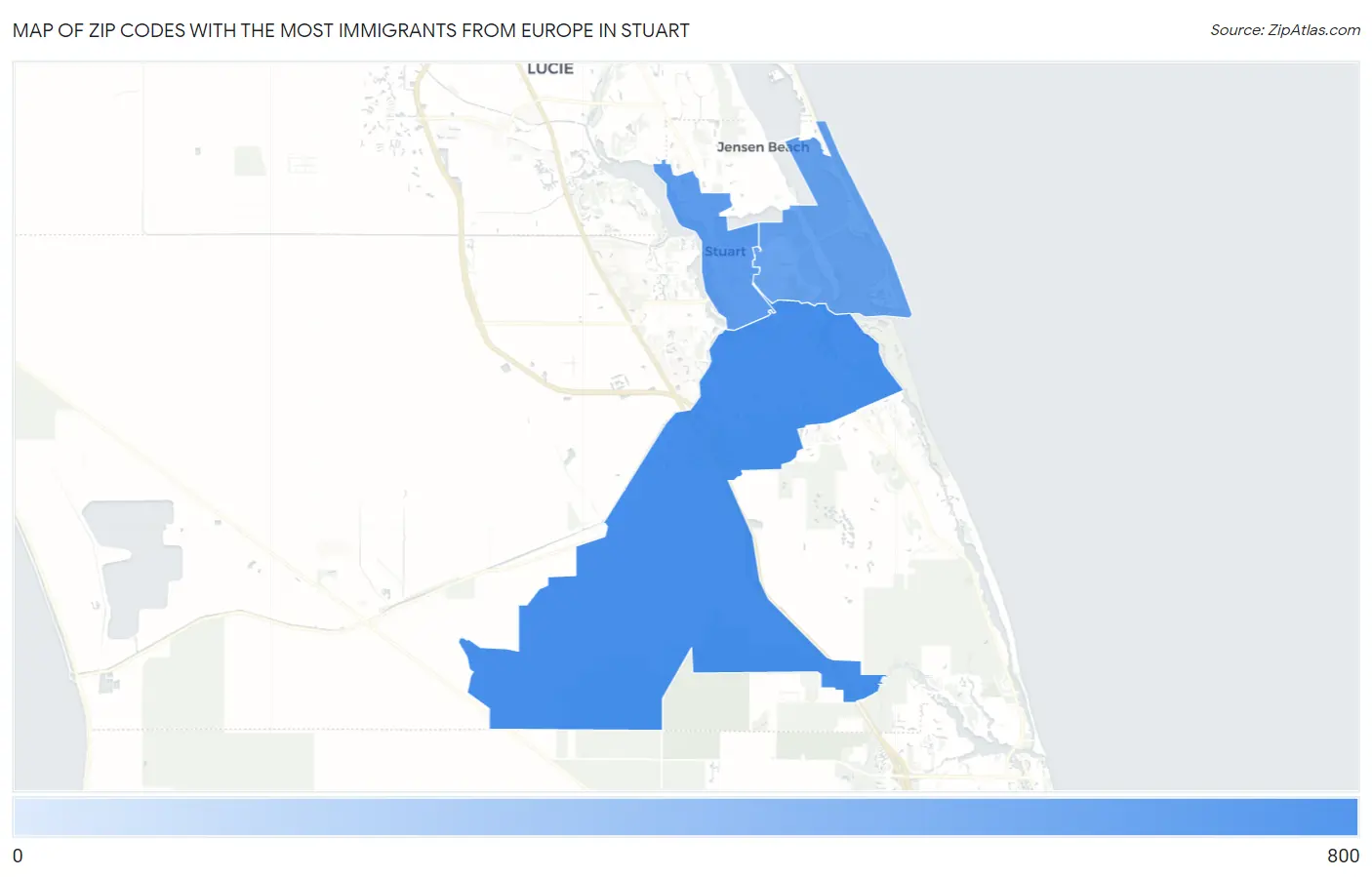 Zip Codes with the Most Immigrants from Europe in Stuart Map
