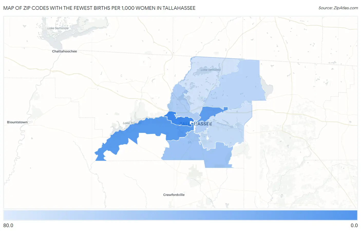 Zip Codes with the Fewest Births per 1,000 Women in Tallahassee Map