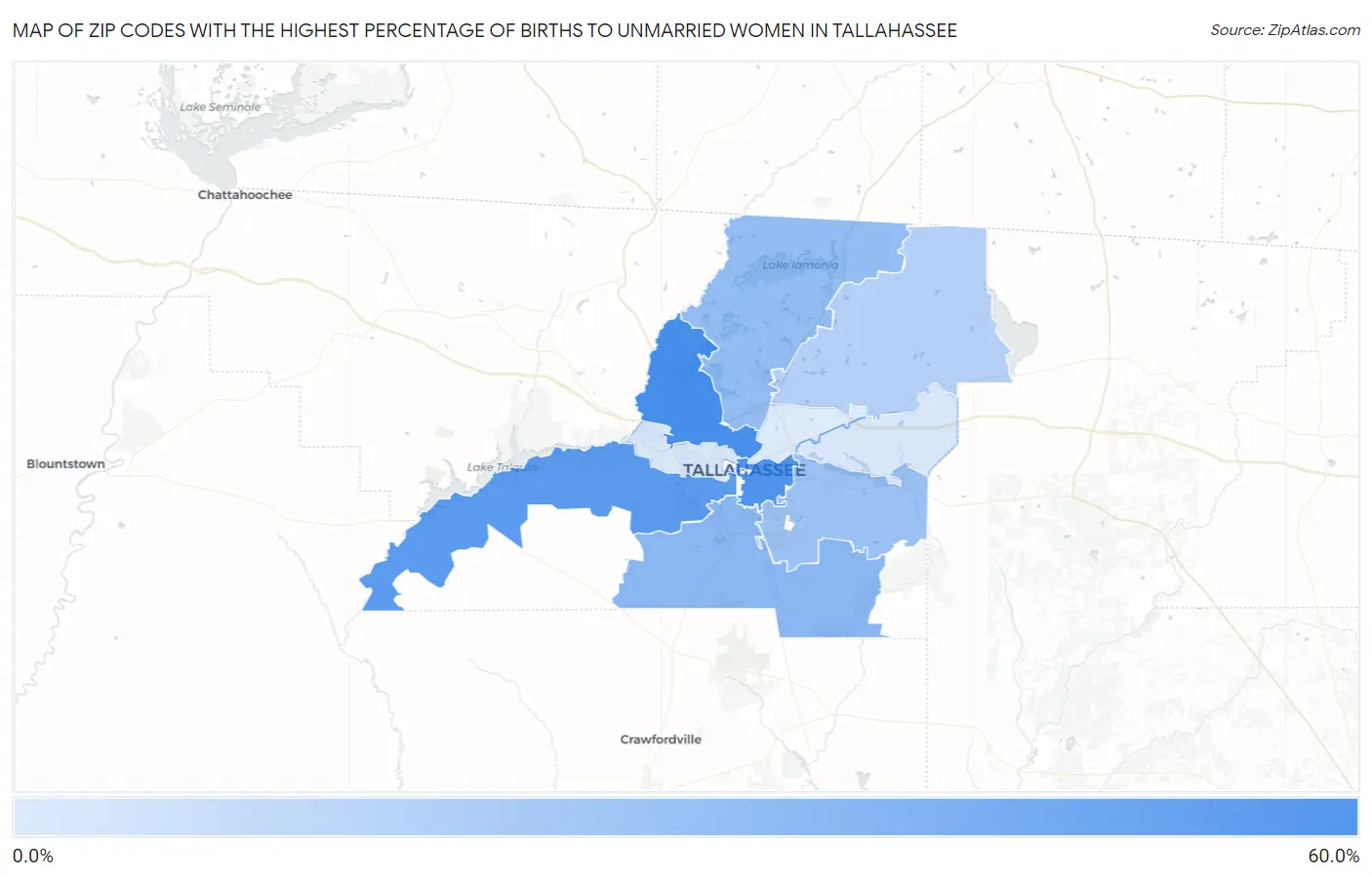Zip Codes with the Highest Percentage of Births to Unmarried Women in Tallahassee Map