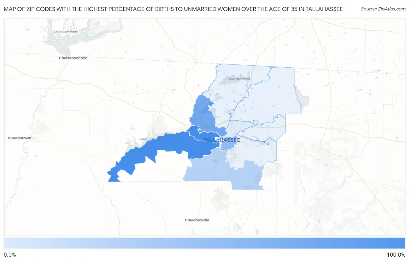 Zip Codes with the Highest Percentage of Births to Unmarried Women over the Age of 35 in Tallahassee Map