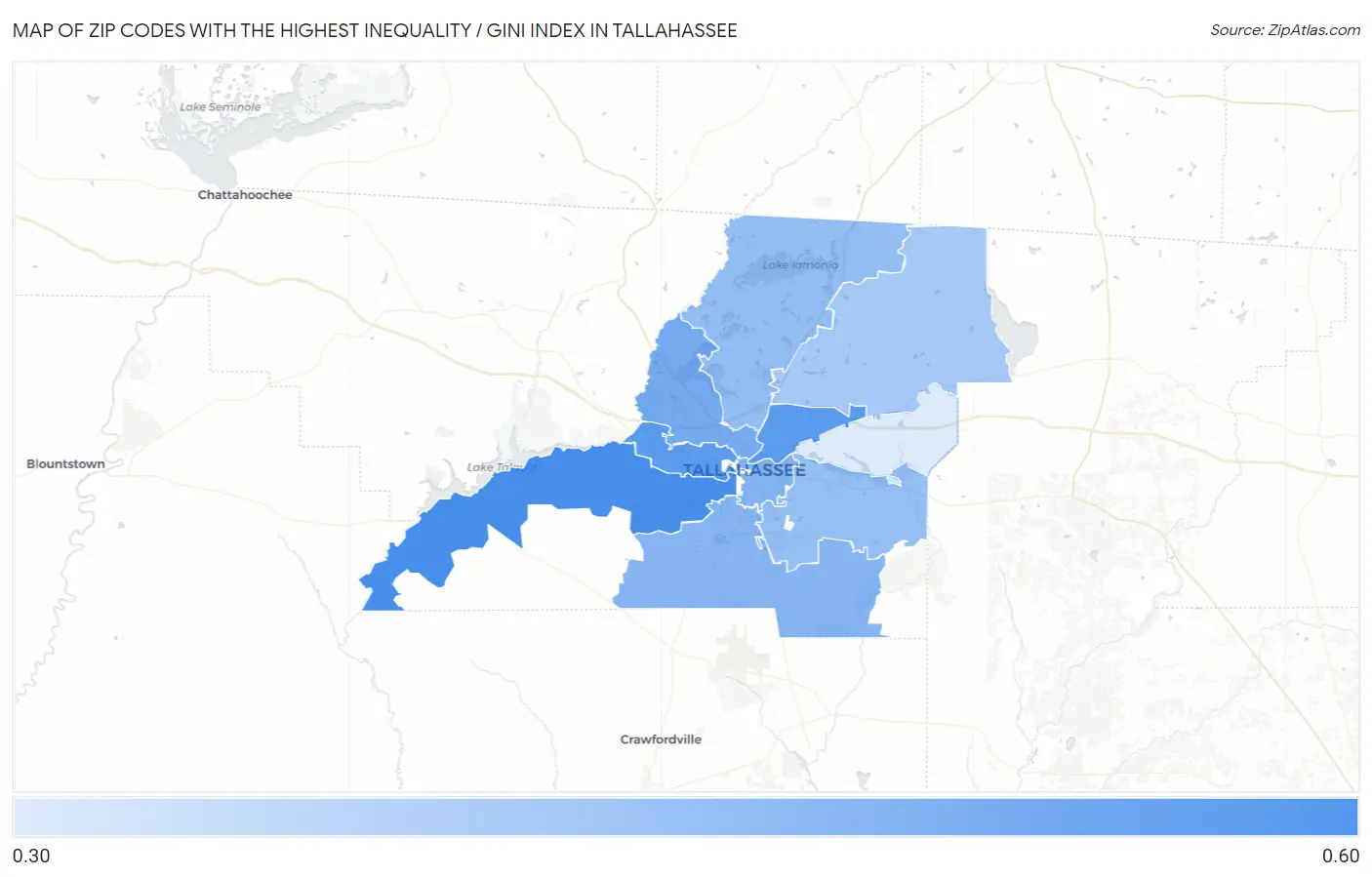 Zip Codes with the Highest Inequality / Gini Index in Tallahassee Map
