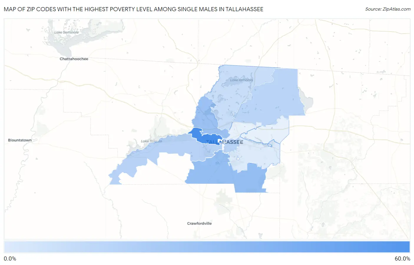 Zip Codes with the Highest Poverty Level Among Single Males in Tallahassee Map