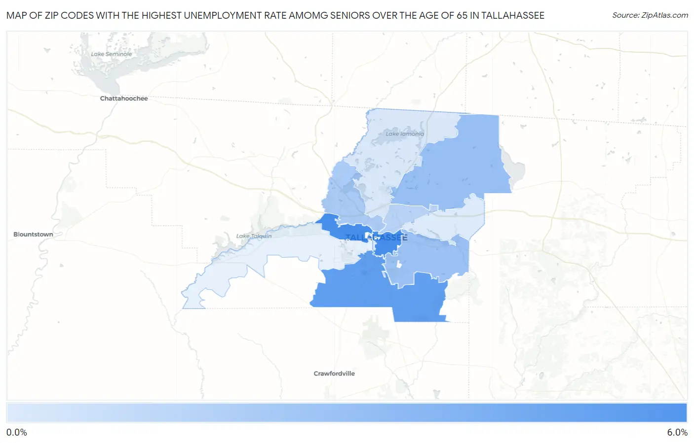 Zip Codes with the Highest Unemployment Rate Amomg Seniors Over the Age of 65 in Tallahassee Map
