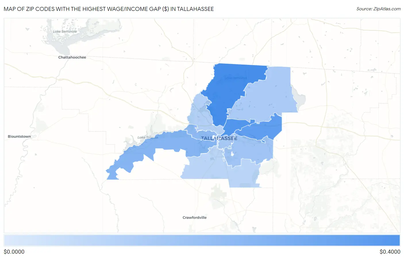 Zip Codes with the Highest Wage/Income Gap ($) in Tallahassee Map