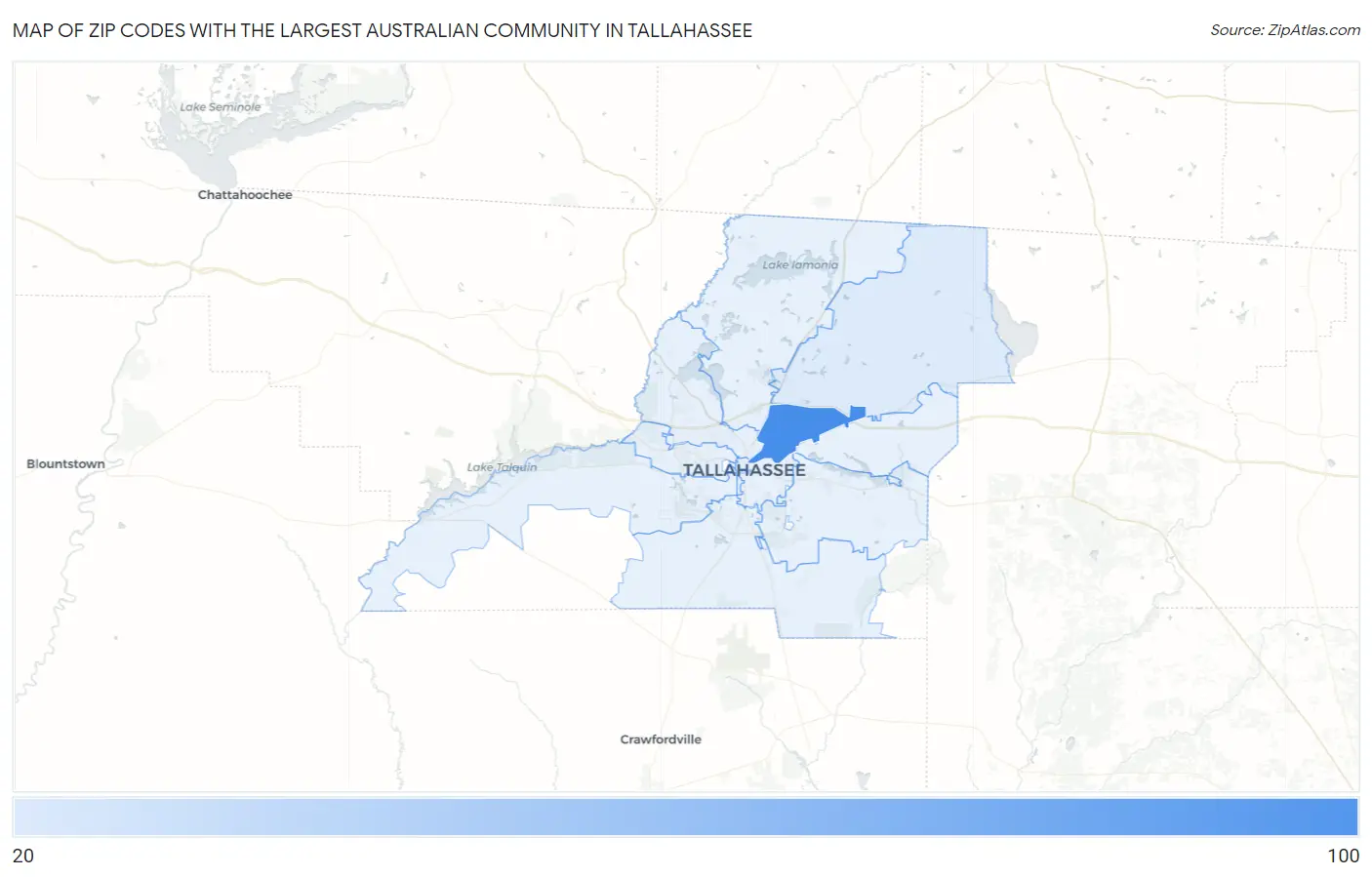Zip Codes with the Largest Australian Community in Tallahassee Map