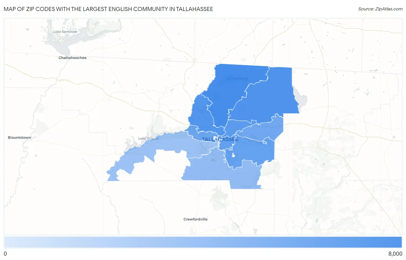 Zip Codes with the Largest English Community in Tallahassee Map