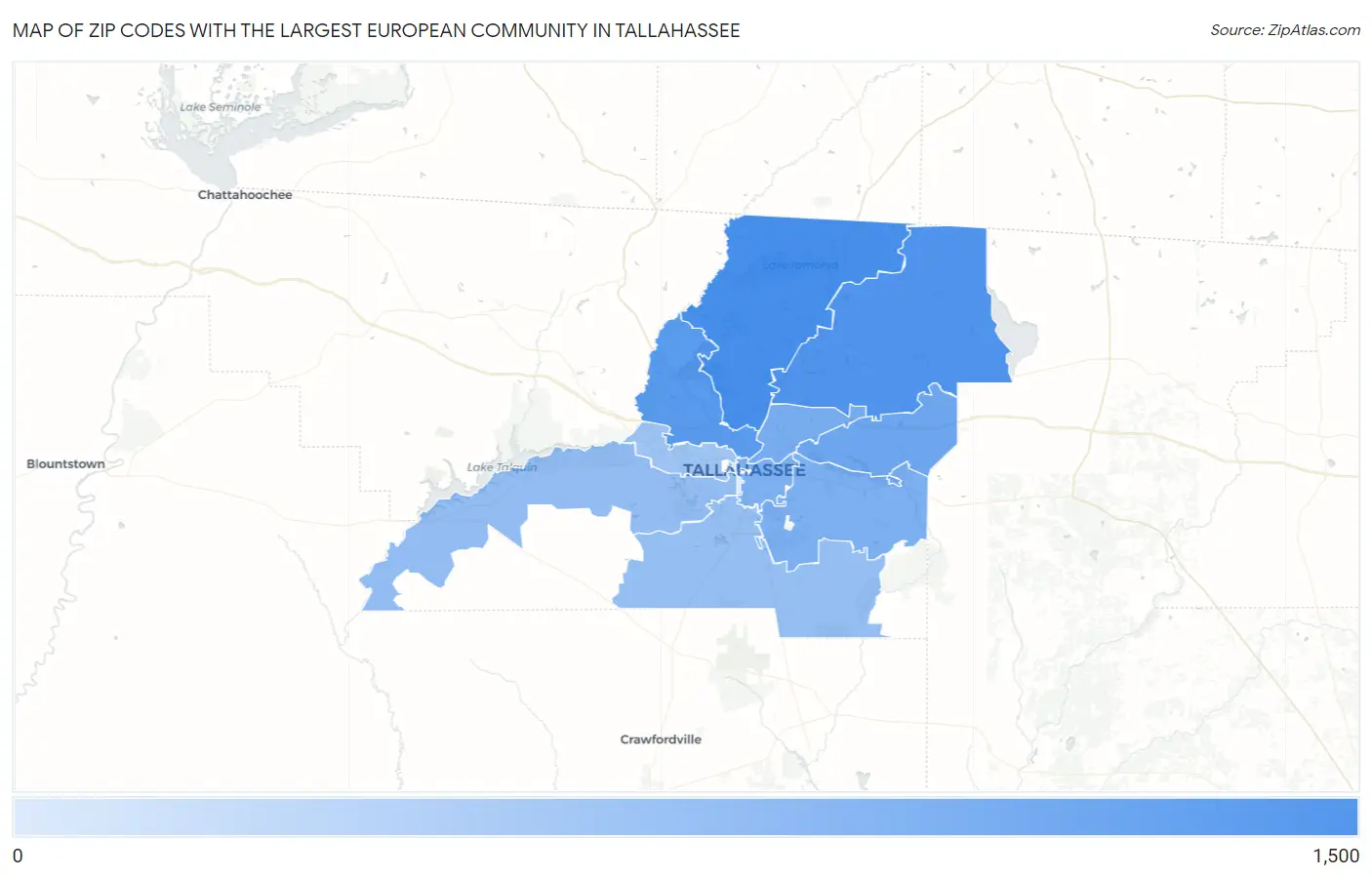 Zip Codes with the Largest European Community in Tallahassee Map