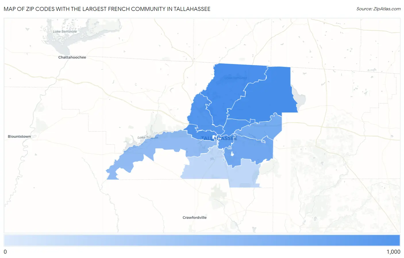 Zip Codes with the Largest French Community in Tallahassee Map