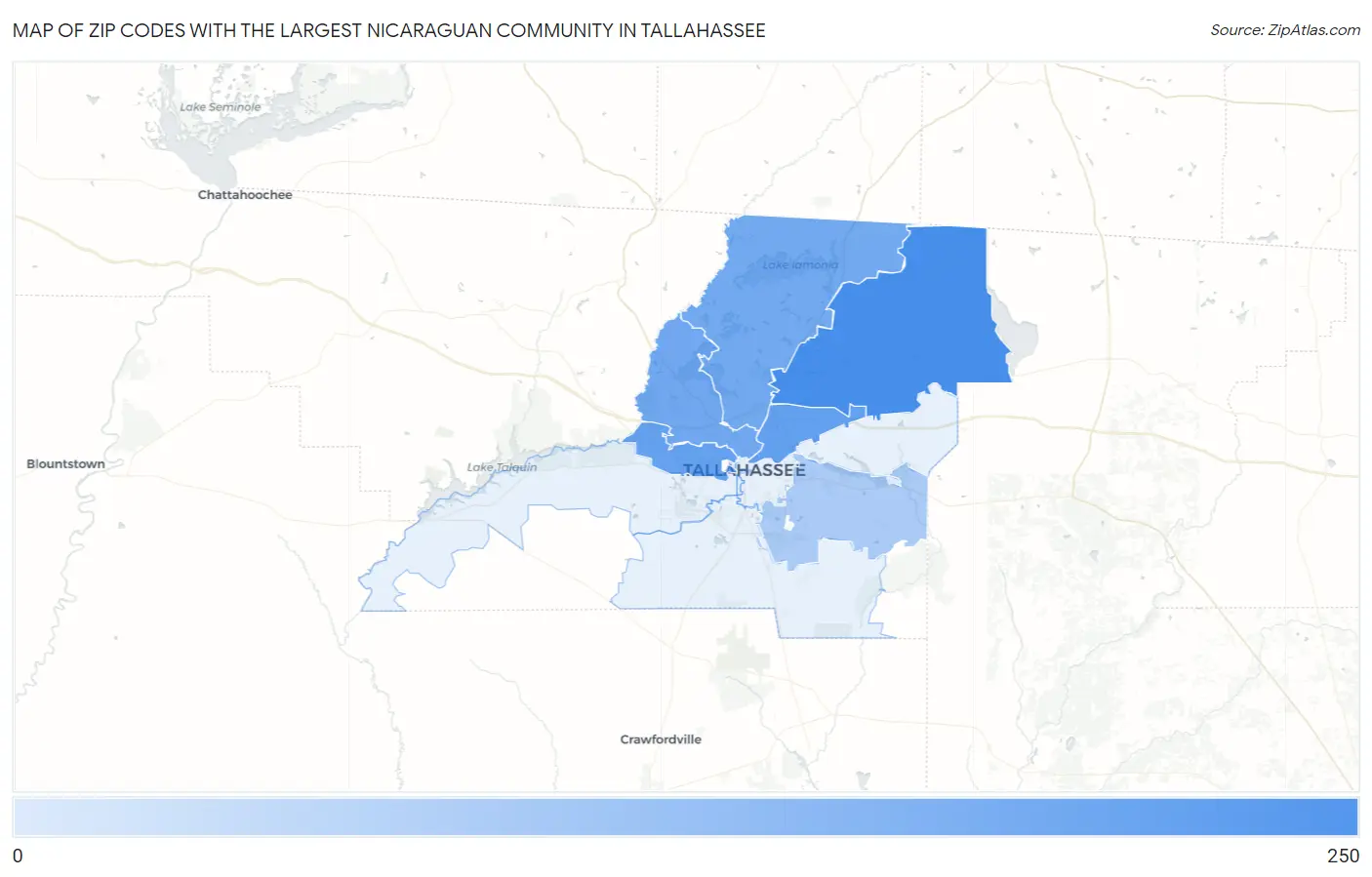 Zip Codes with the Largest Nicaraguan Community in Tallahassee Map