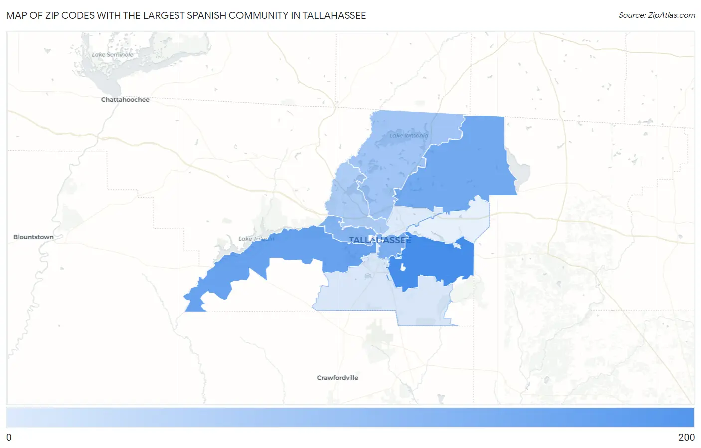 Zip Codes with the Largest Spanish Community in Tallahassee Map