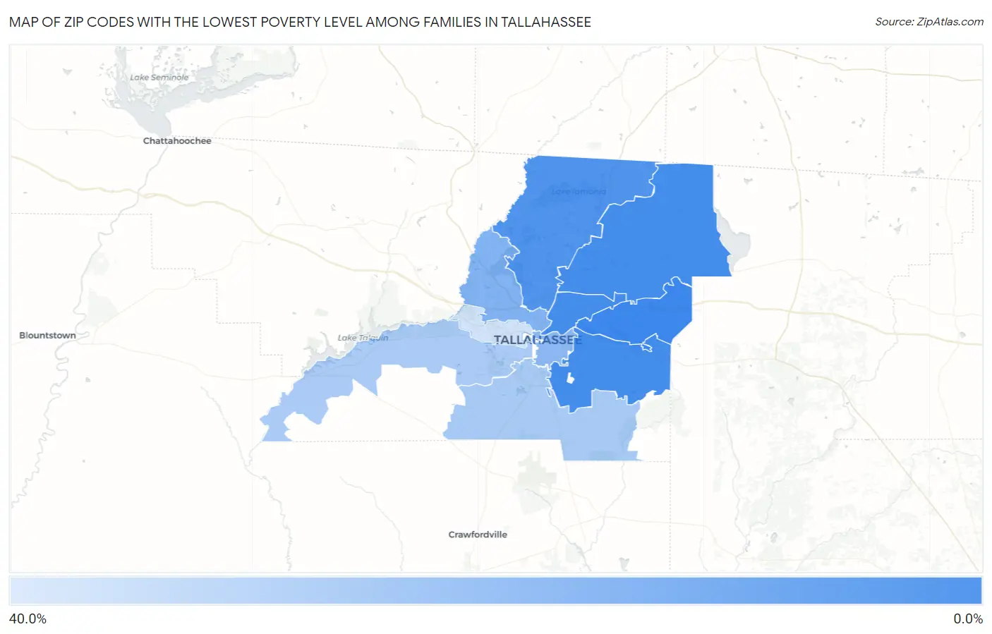 Zip Codes with the Lowest Poverty Level Among Families in Tallahassee Map