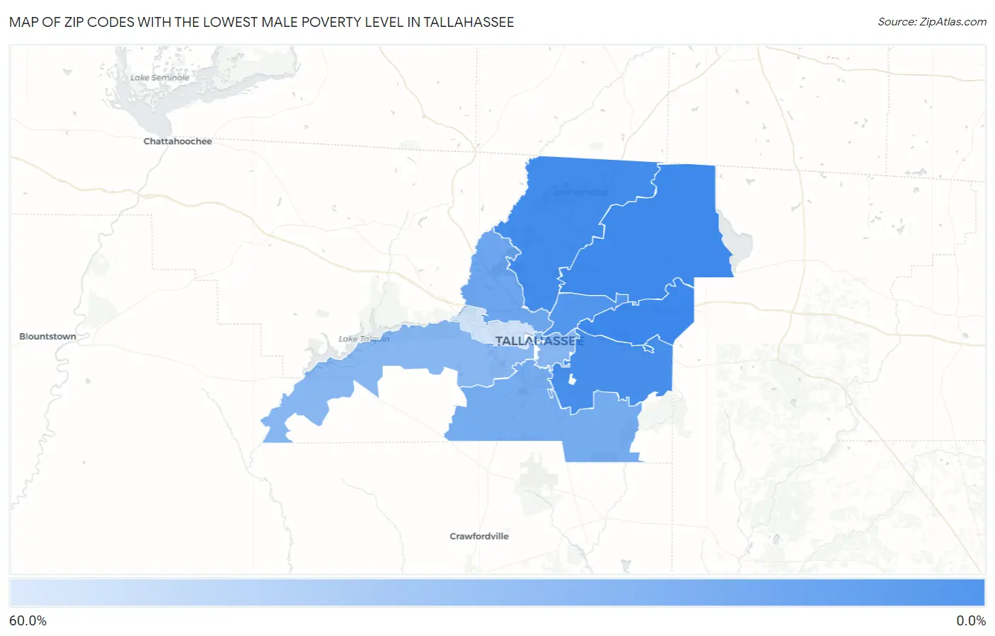 Zip Codes with the Lowest Male Poverty Level in Tallahassee Map