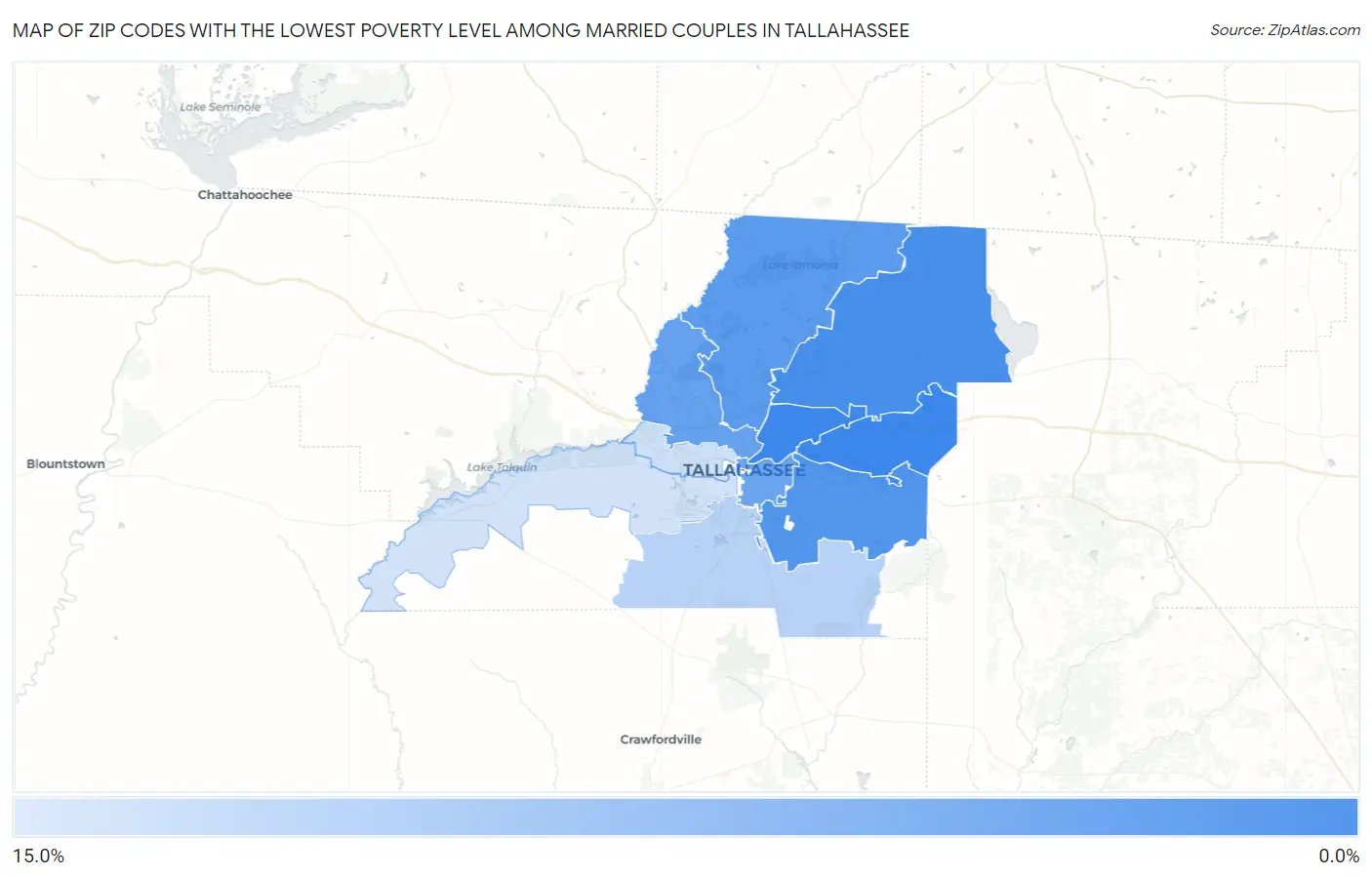 Zip Codes with the Lowest Poverty Level Among Married Couples in Tallahassee Map