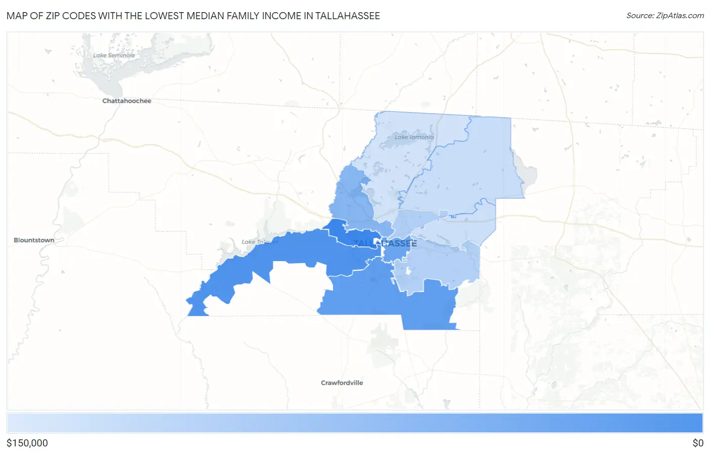 Zip Codes with the Lowest Median Family Income in Tallahassee Map