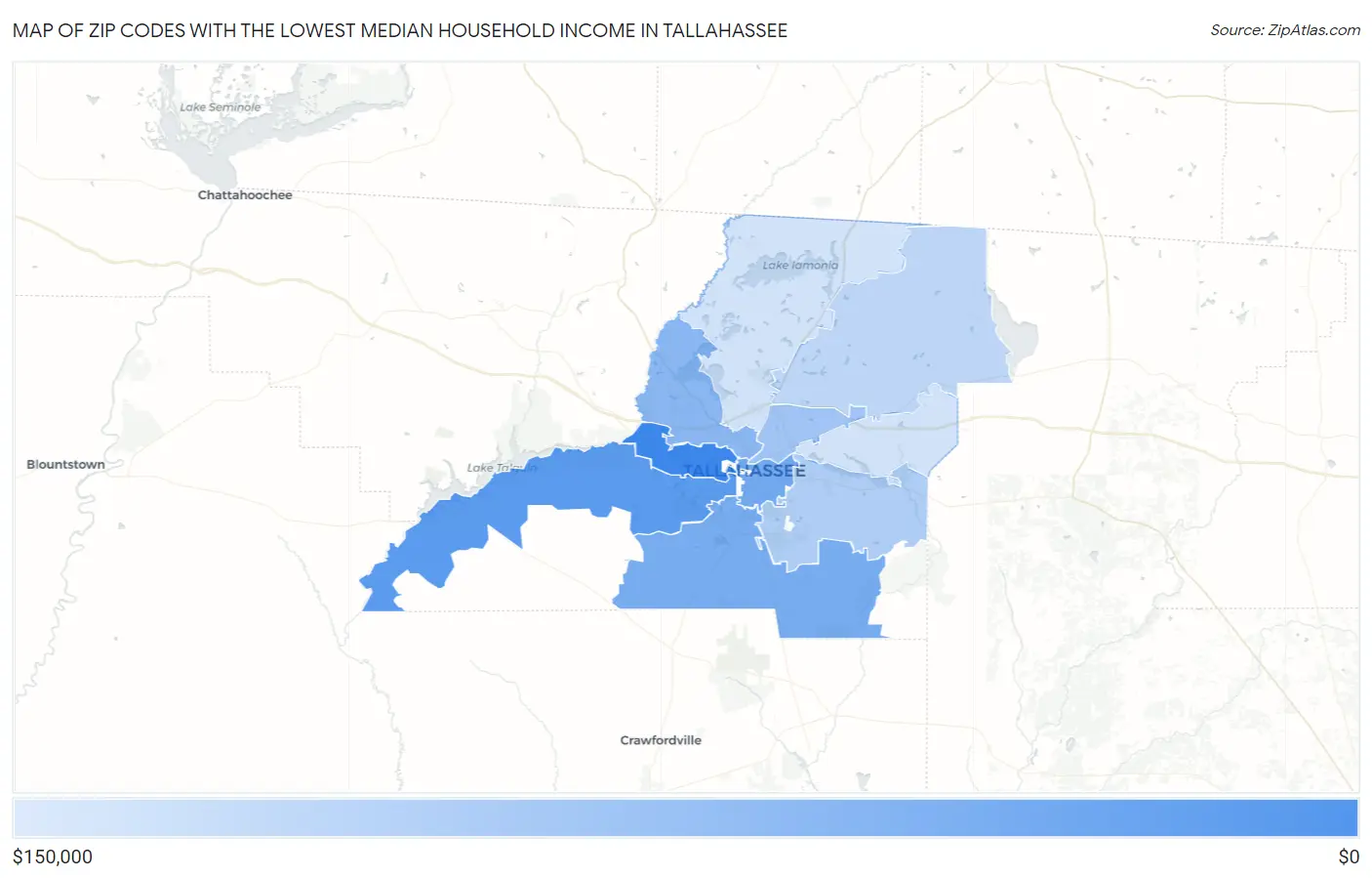 Zip Codes with the Lowest Median Household Income in Tallahassee Map