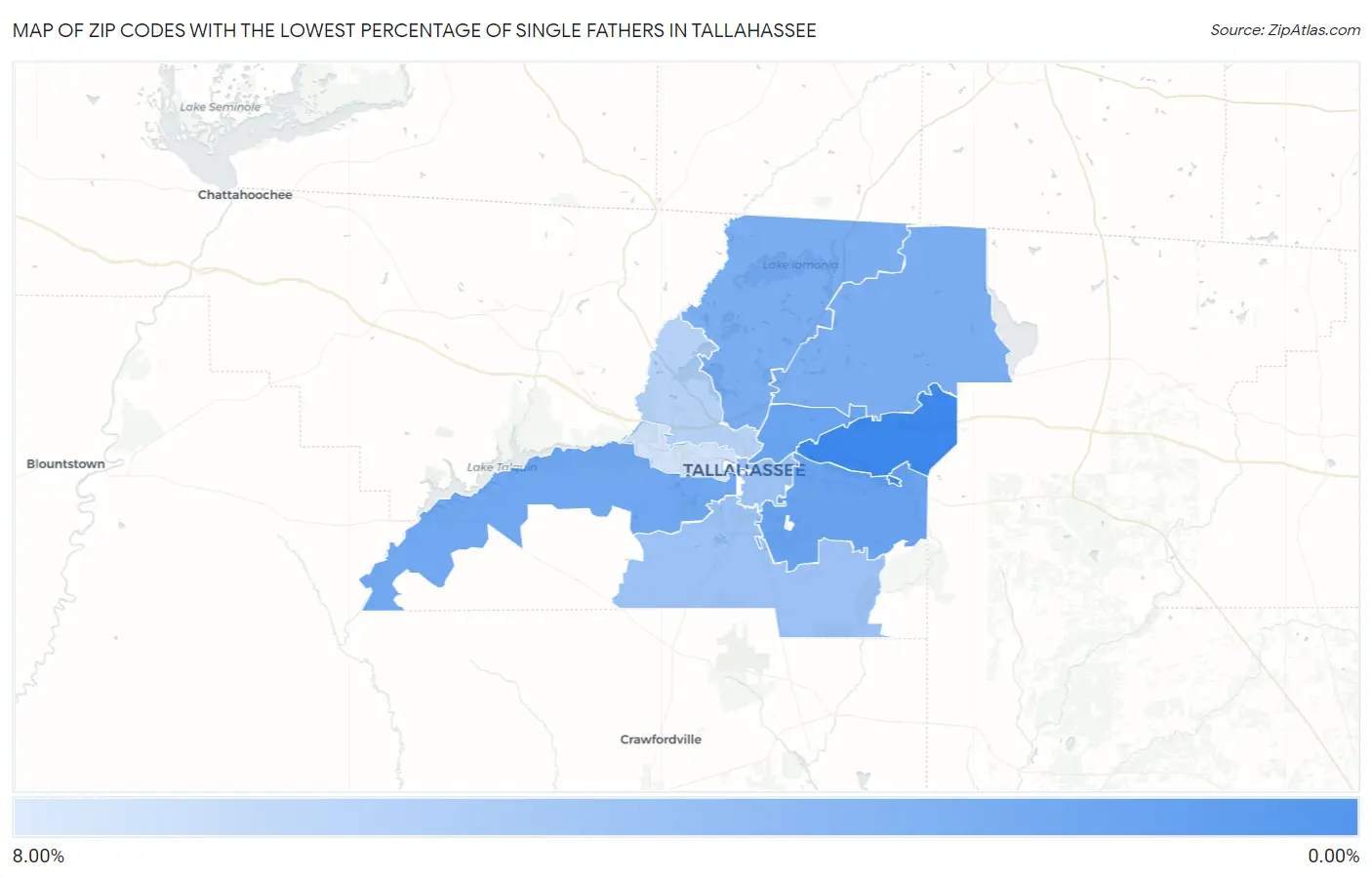 Zip Codes with the Lowest Percentage of Single Fathers in Tallahassee Map