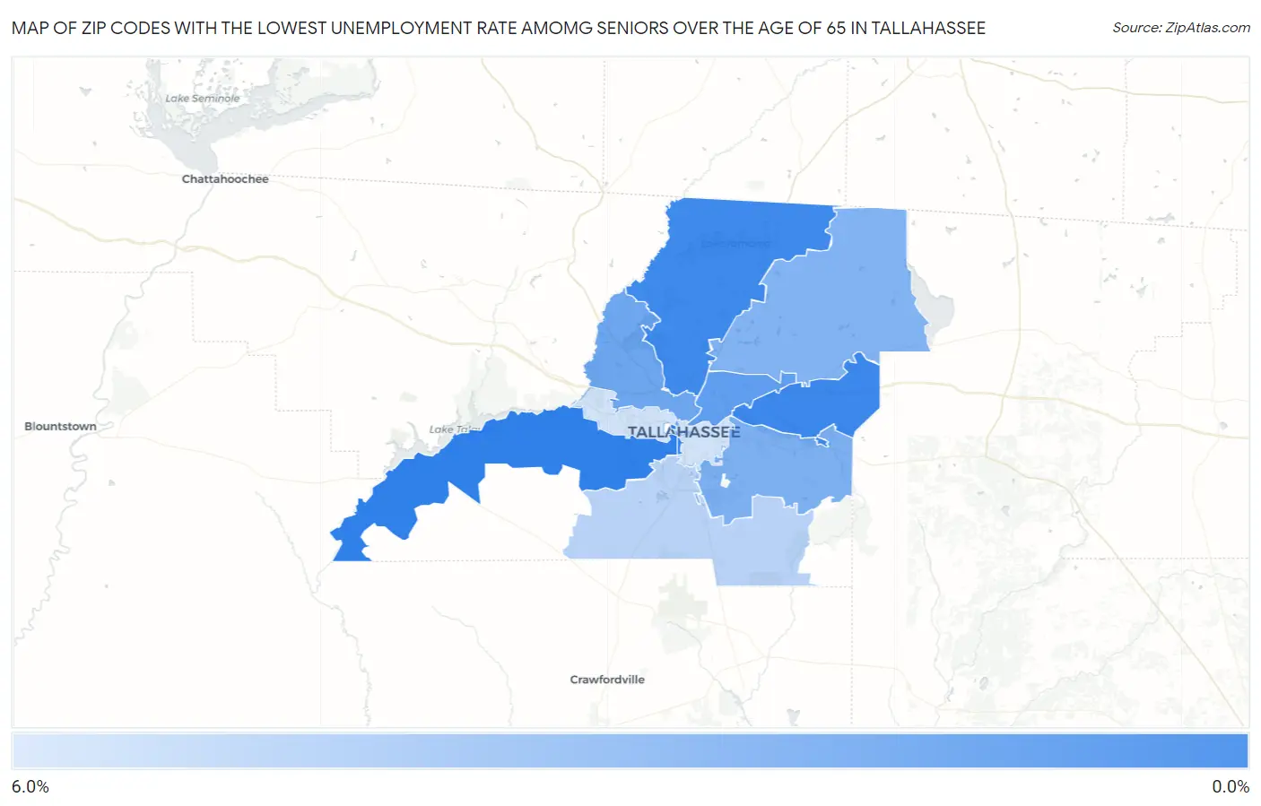 Zip Codes with the Lowest Unemployment Rate Amomg Seniors Over the Age of 65 in Tallahassee Map