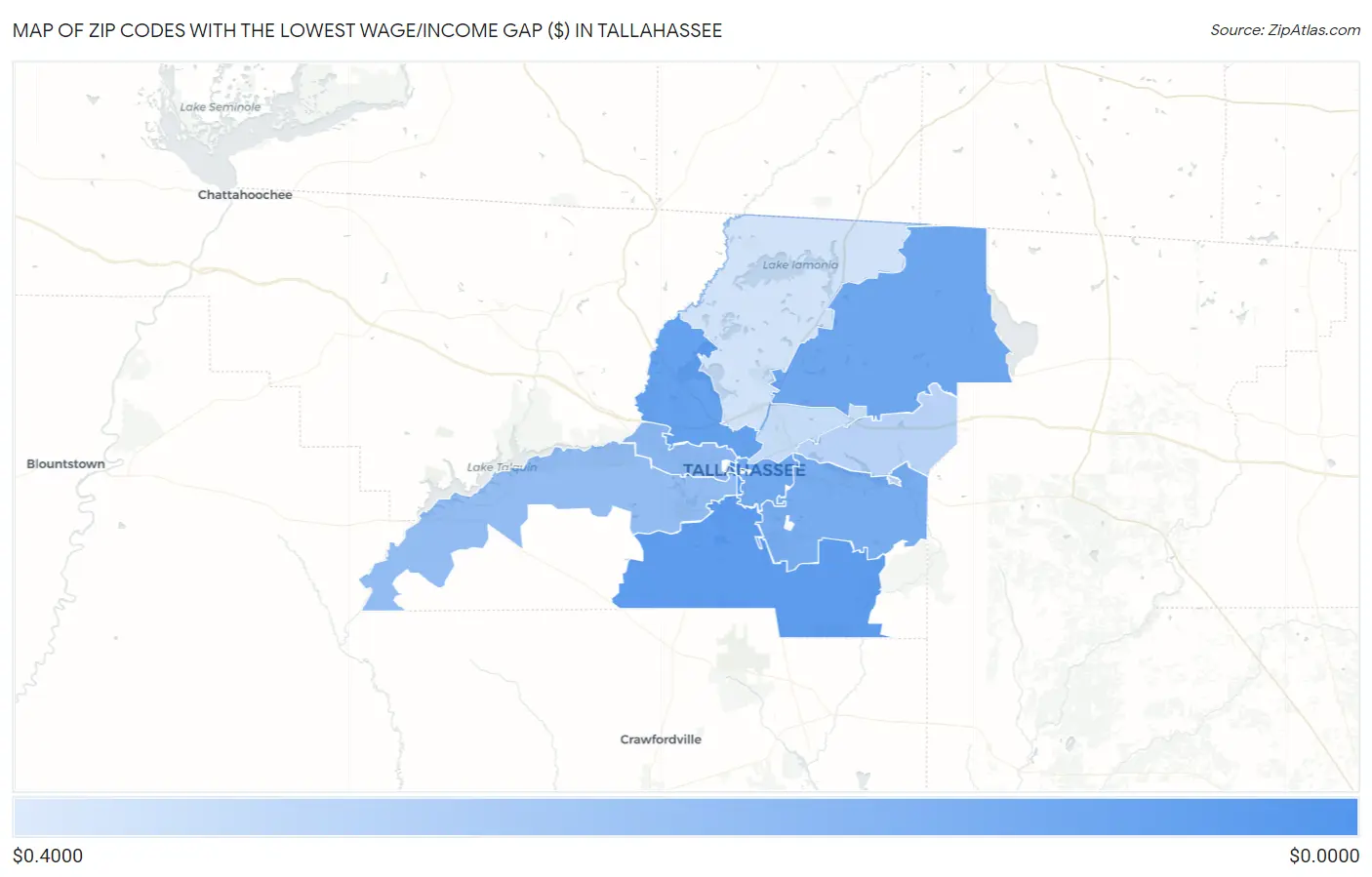 Zip Codes with the Lowest Wage/Income Gap ($) in Tallahassee Map