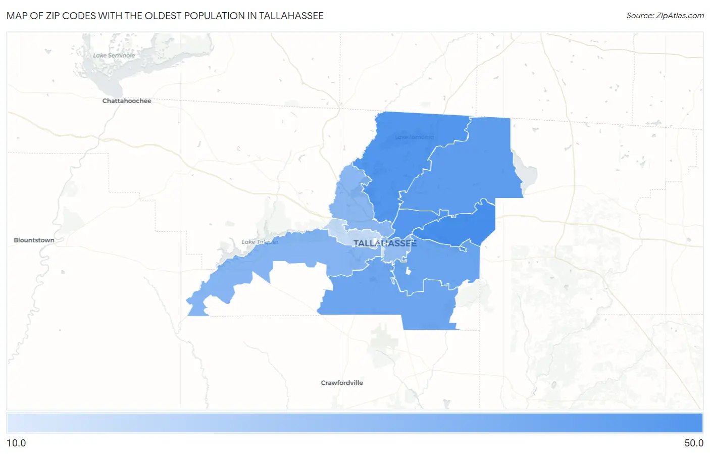 Zip Codes with the Oldest Population in Tallahassee Map