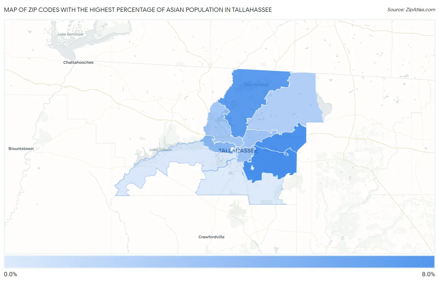 Zip Codes with the Highest Percentage of Asian Population in Tallahassee Map