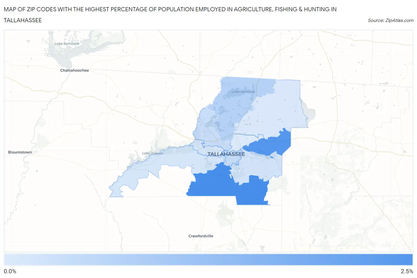 Zip Codes with the Highest Percentage of Population Employed in Agriculture, Fishing & Hunting in Tallahassee Map