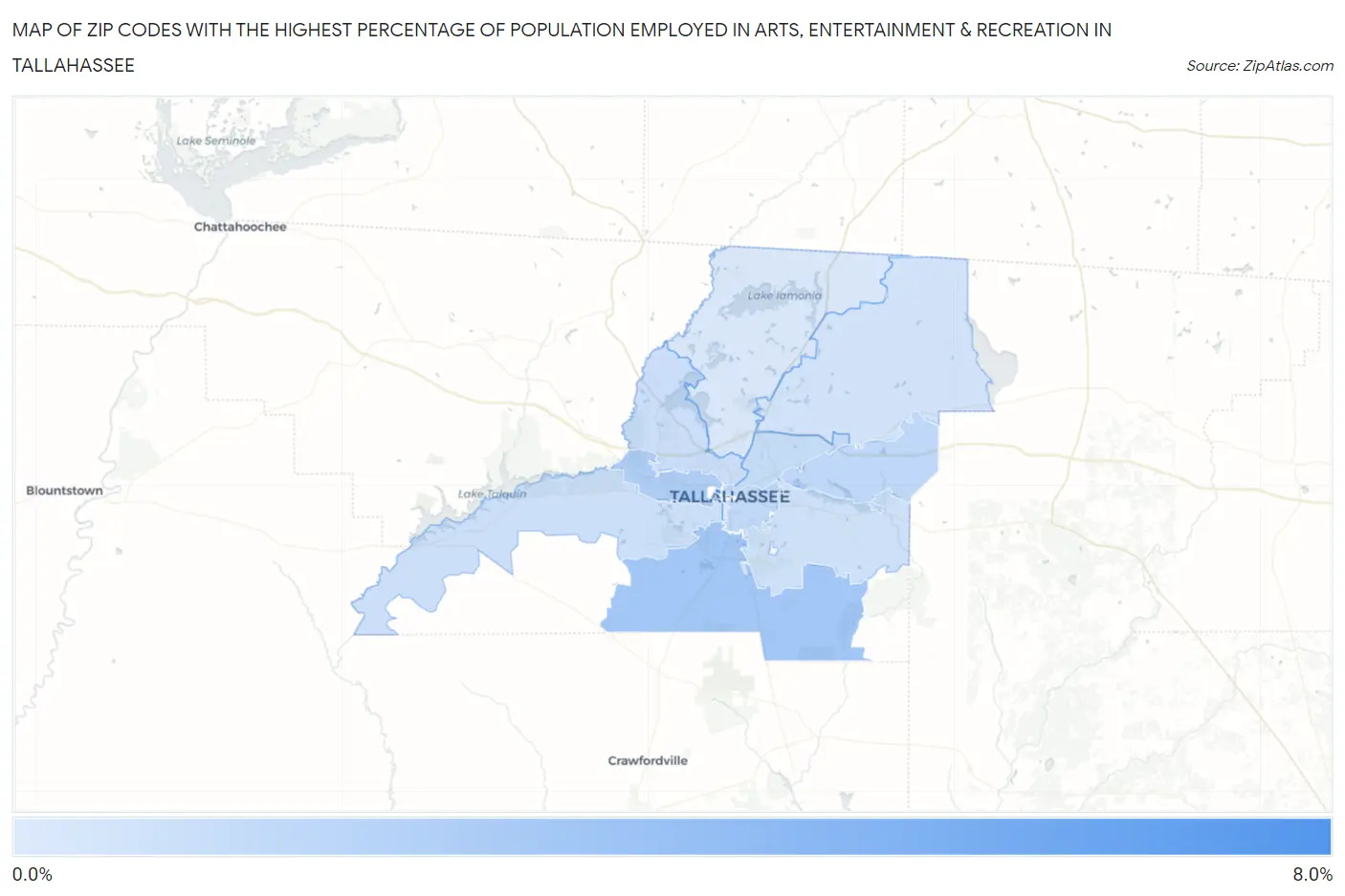 Zip Codes with the Highest Percentage of Population Employed in Arts, Entertainment & Recreation in Tallahassee Map