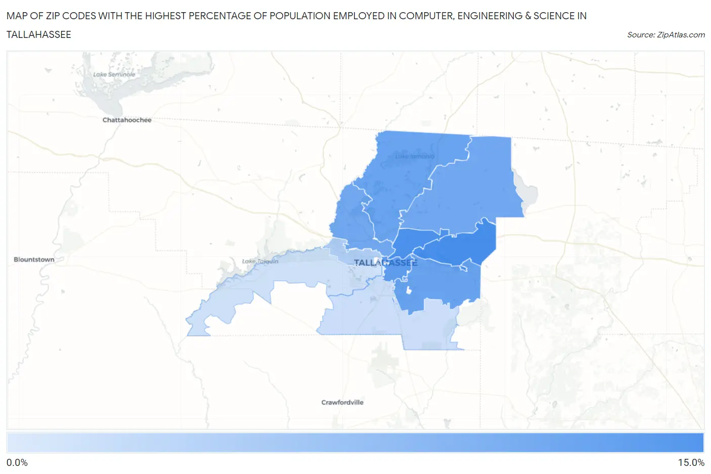 Zip Codes with the Highest Percentage of Population Employed in Computer, Engineering & Science in Tallahassee Map