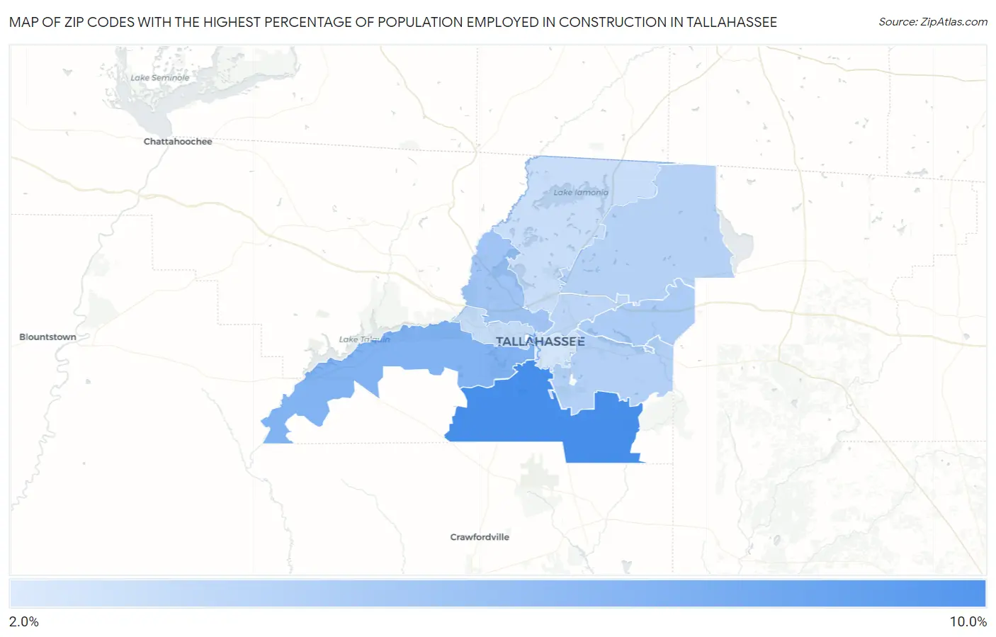 Zip Codes with the Highest Percentage of Population Employed in Construction in Tallahassee Map