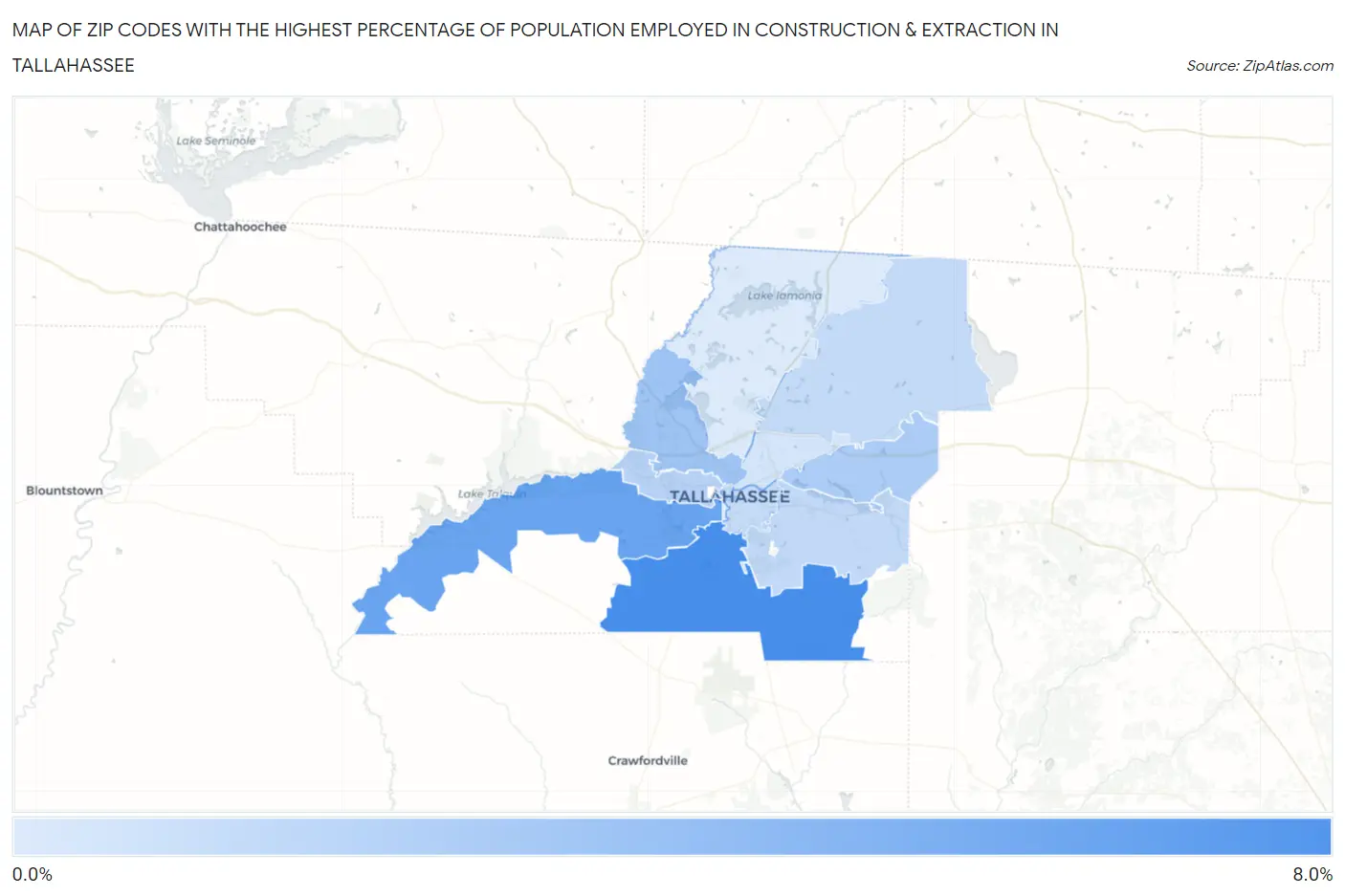 Zip Codes with the Highest Percentage of Population Employed in Construction & Extraction in Tallahassee Map