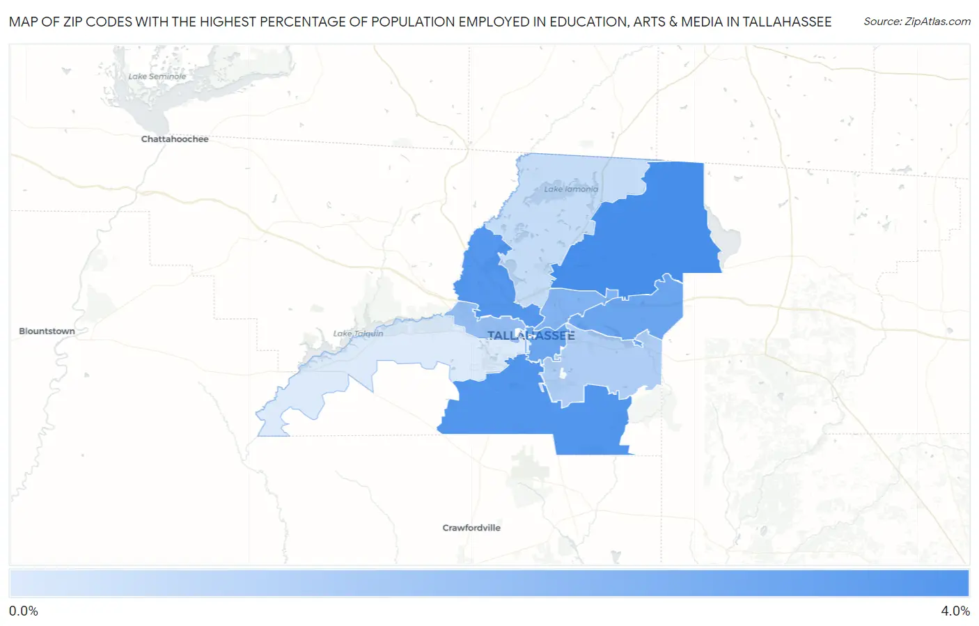 Zip Codes with the Highest Percentage of Population Employed in Education, Arts & Media in Tallahassee Map