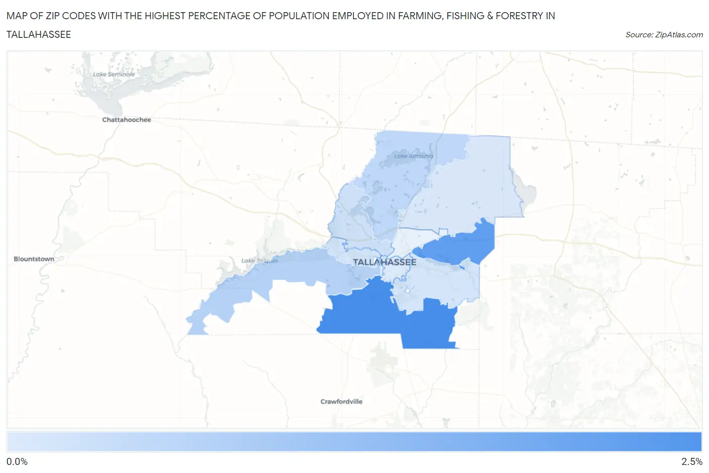 Zip Codes with the Highest Percentage of Population Employed in Farming, Fishing & Forestry in Tallahassee Map